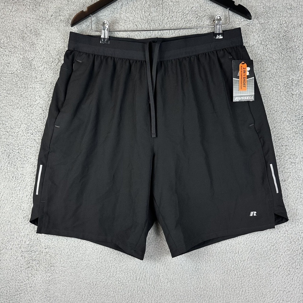 Russell Shorts Mens Large Black 2 In 1 Compression Training Fit DriPower 360 New